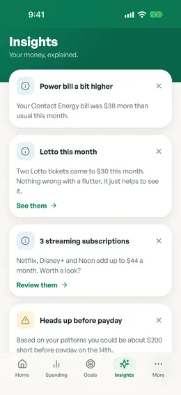 Spendle insights, including a power bill a bit higher than usual, three streaming subscriptions and a heads-up before payday