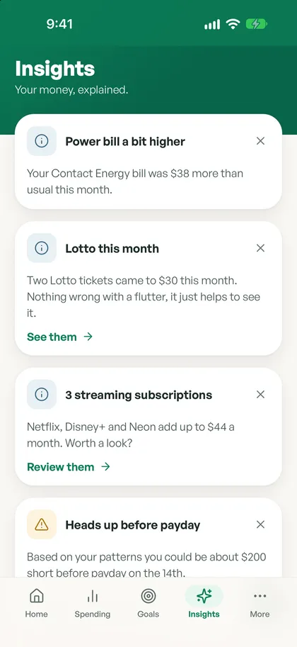 Spendle insights, including a power bill a bit higher than usual, three streaming subscriptions and a heads-up before payday