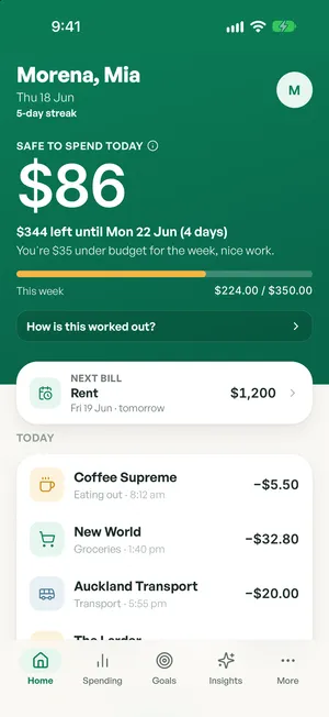 The Spendle home screen showing $86 safe to spend today, what’s left until payday and the next bill due