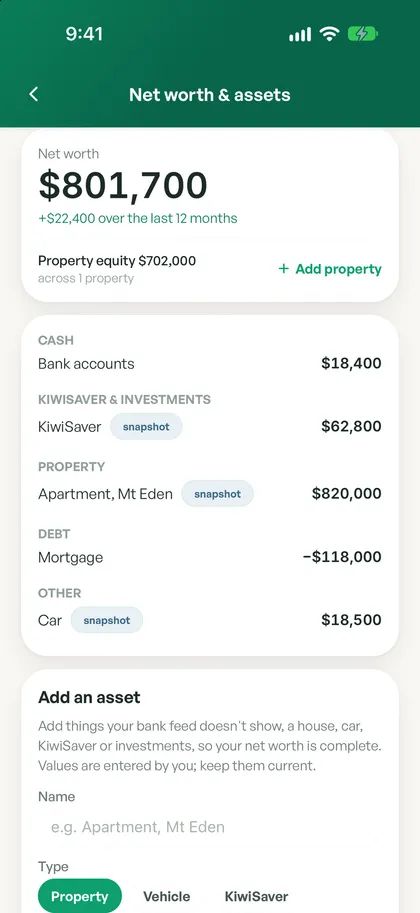 Spendle net worth and assets screen showing $801,700, up $22,400 over the last 12 months