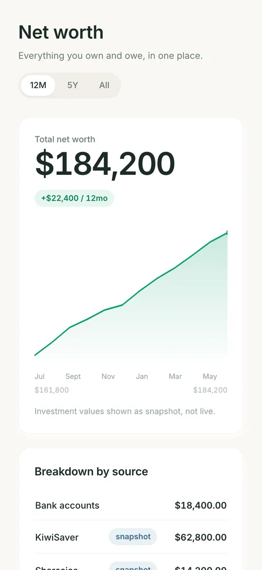Net worth, all in one place screen in the Spendle app