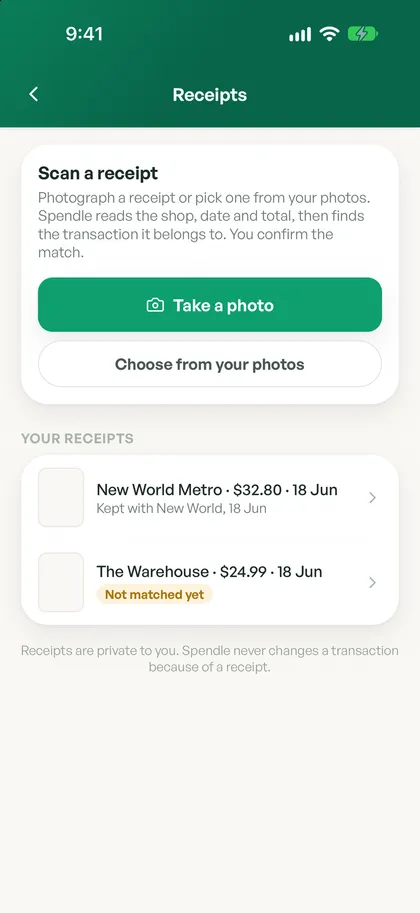 The Spendle receipts screen with options to take a photo or choose one, above a list of matched receipts