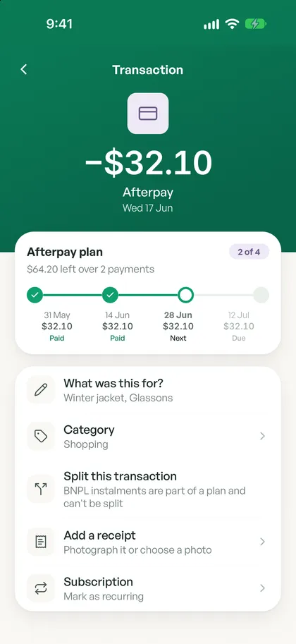 An Afterpay plan in Spendle, payment 2 of 4 with $64.20 left over two payments