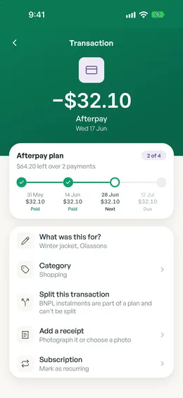 An Afterpay plan in Spendle, payment 2 of 4 with $64.20 left over two payments